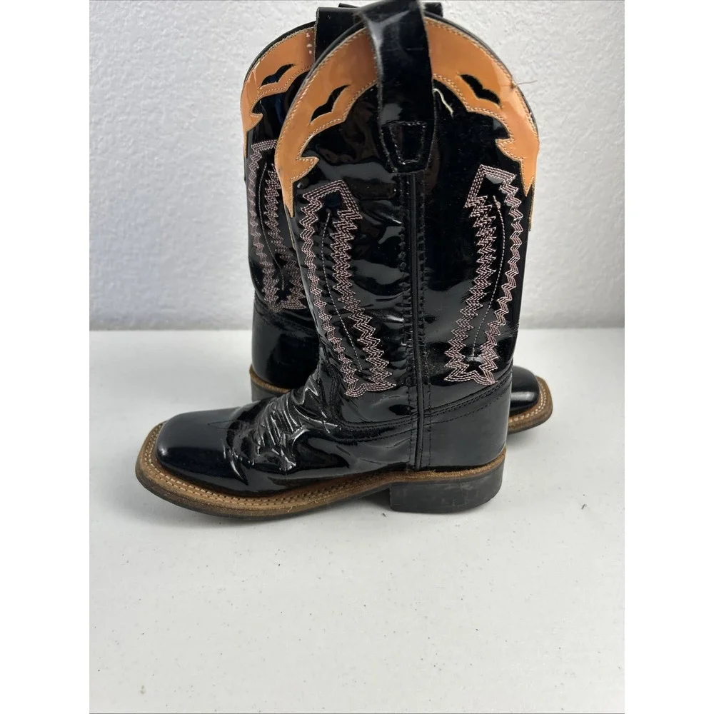 Boots Old West Cowboy Size‎ 13 Leather Youth BSC1843 Square Toe Black/Pink